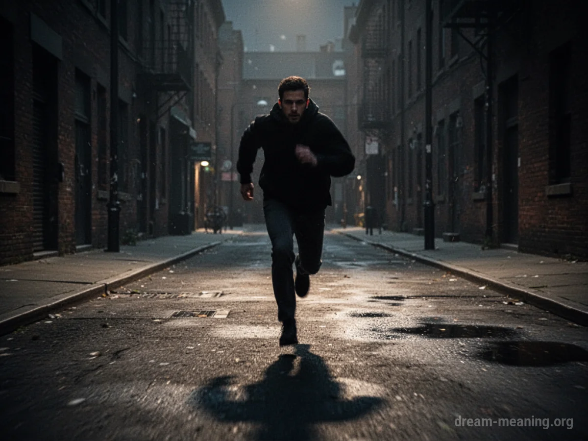 A silhouette of a person fleeing through a dark, empty street.
