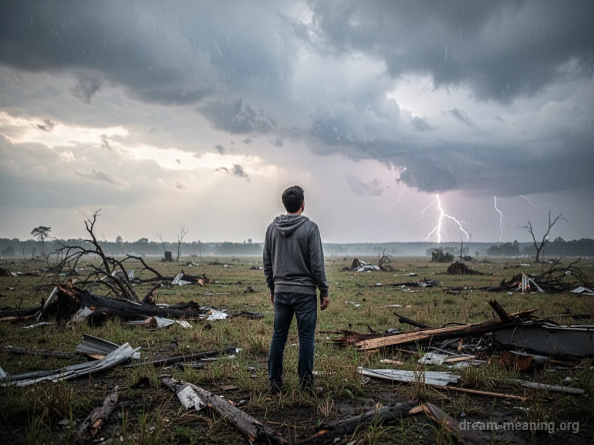 A person standing in a debris-strewn field under a clearing sky.