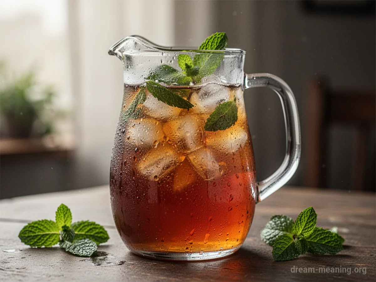 A pitcher of iced tea with mint leaves.