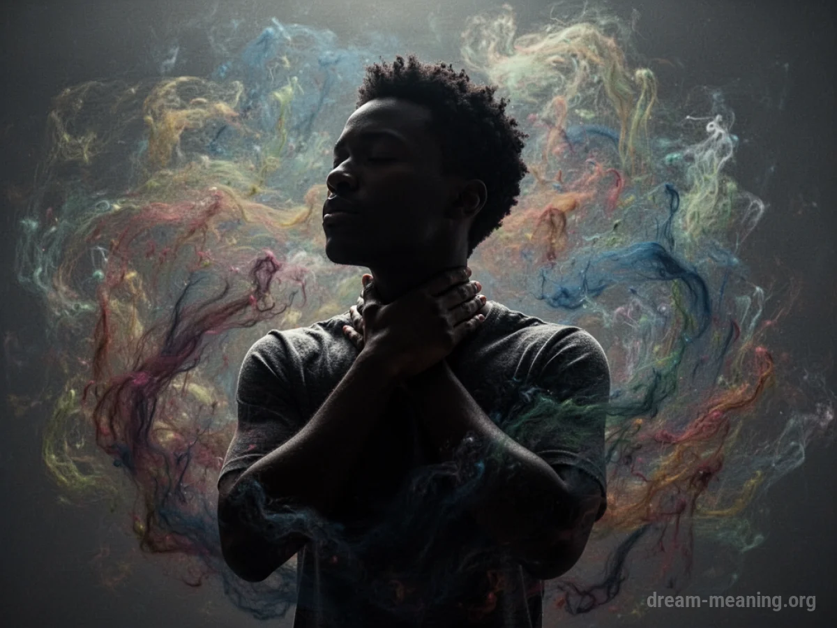Silhouette of a person touching their throat with abstract colors surrounding the neck area.