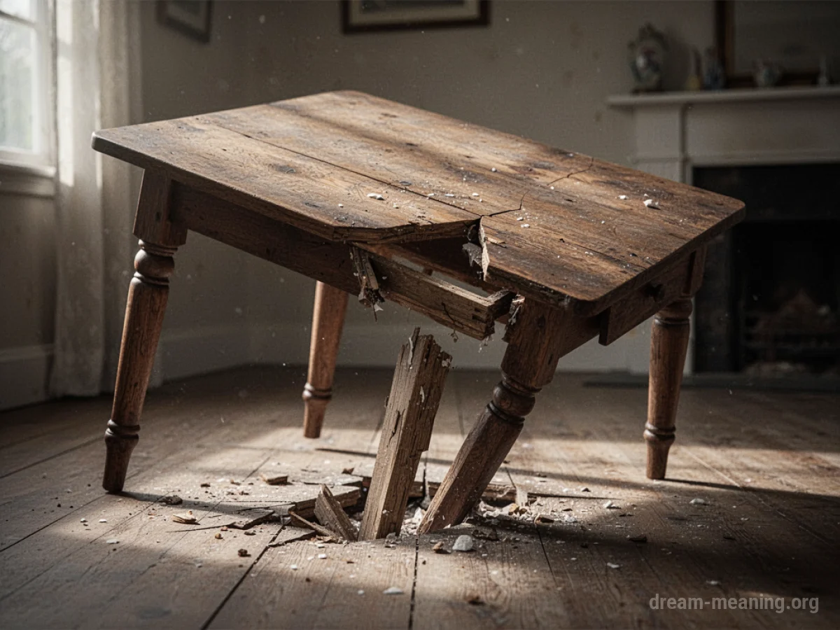 A wooden table tilted and unstable with a broken leg.