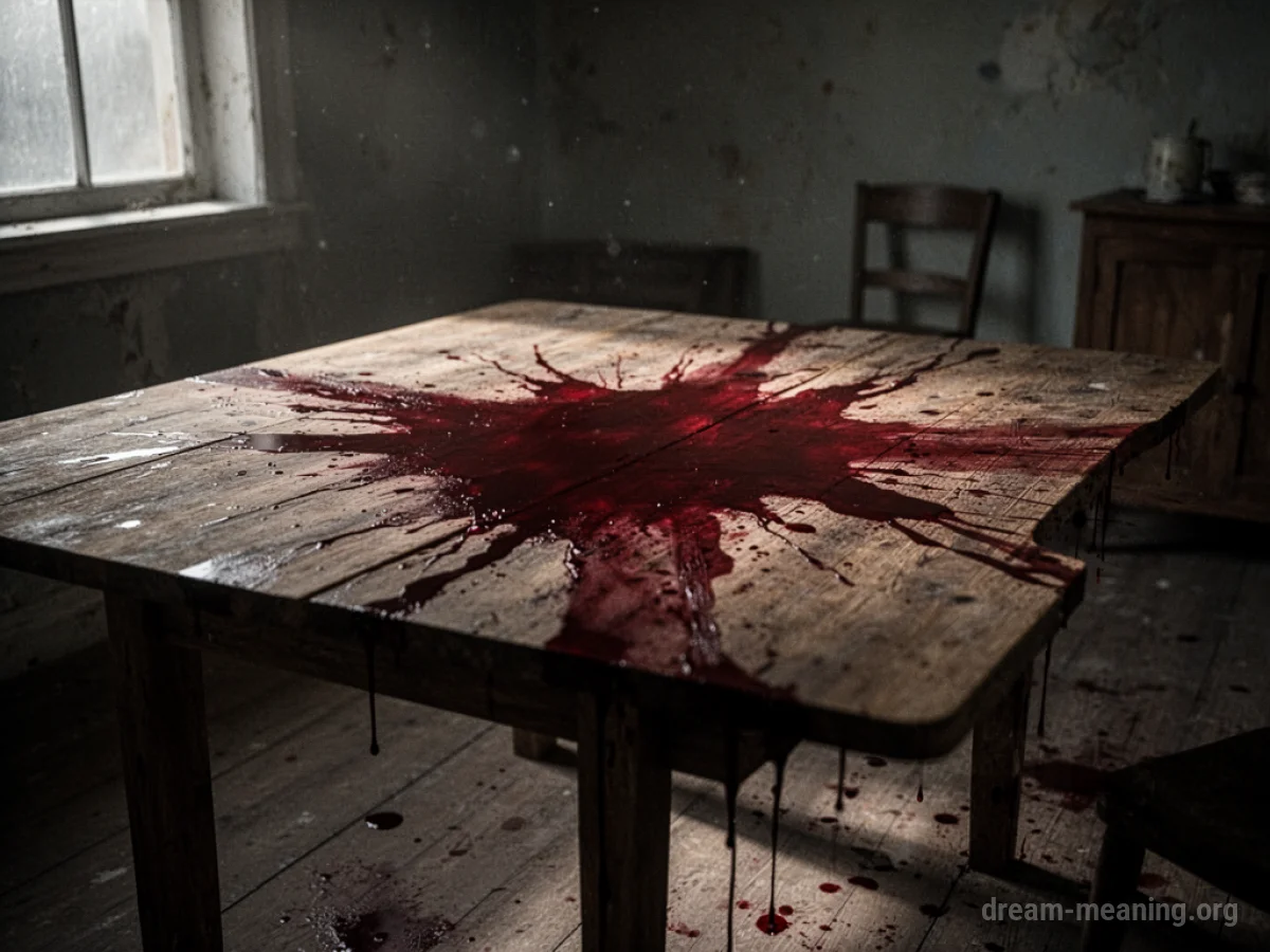 A dark red stain on a wooden table in a dimly lit room.