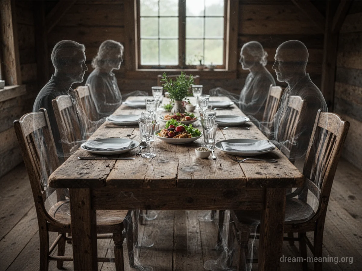 An empty dining table with faint outlines of people.