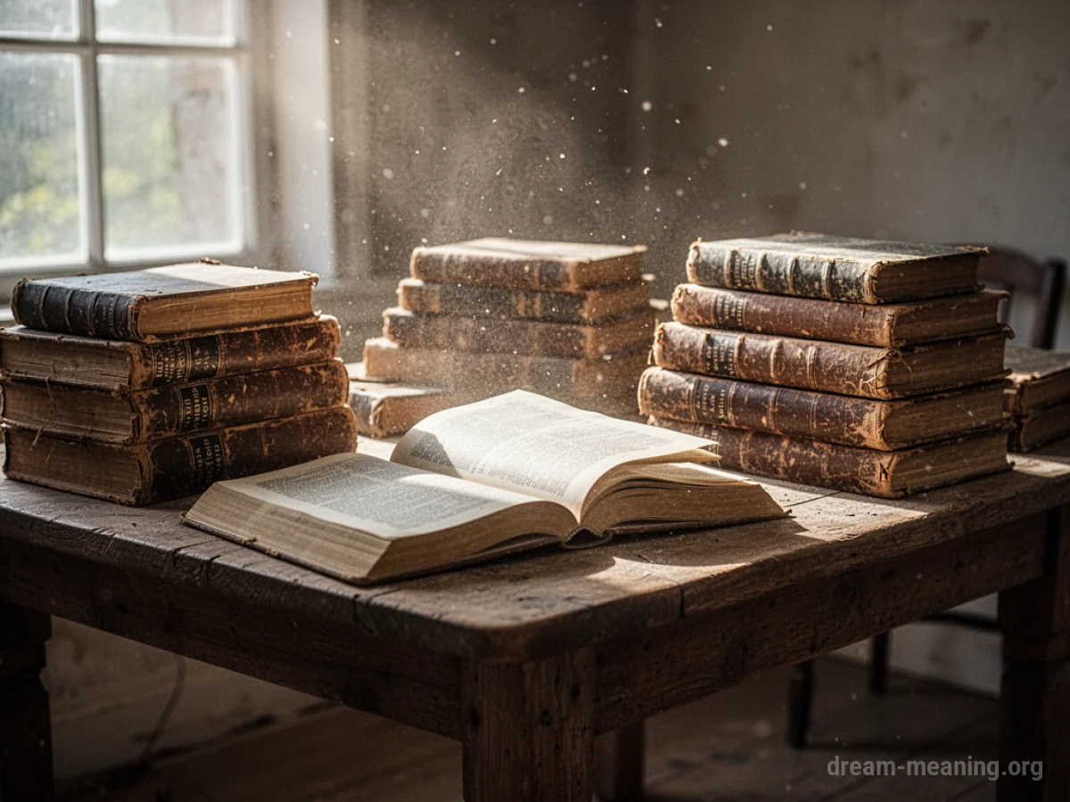 A wooden table covered in many stacked books.