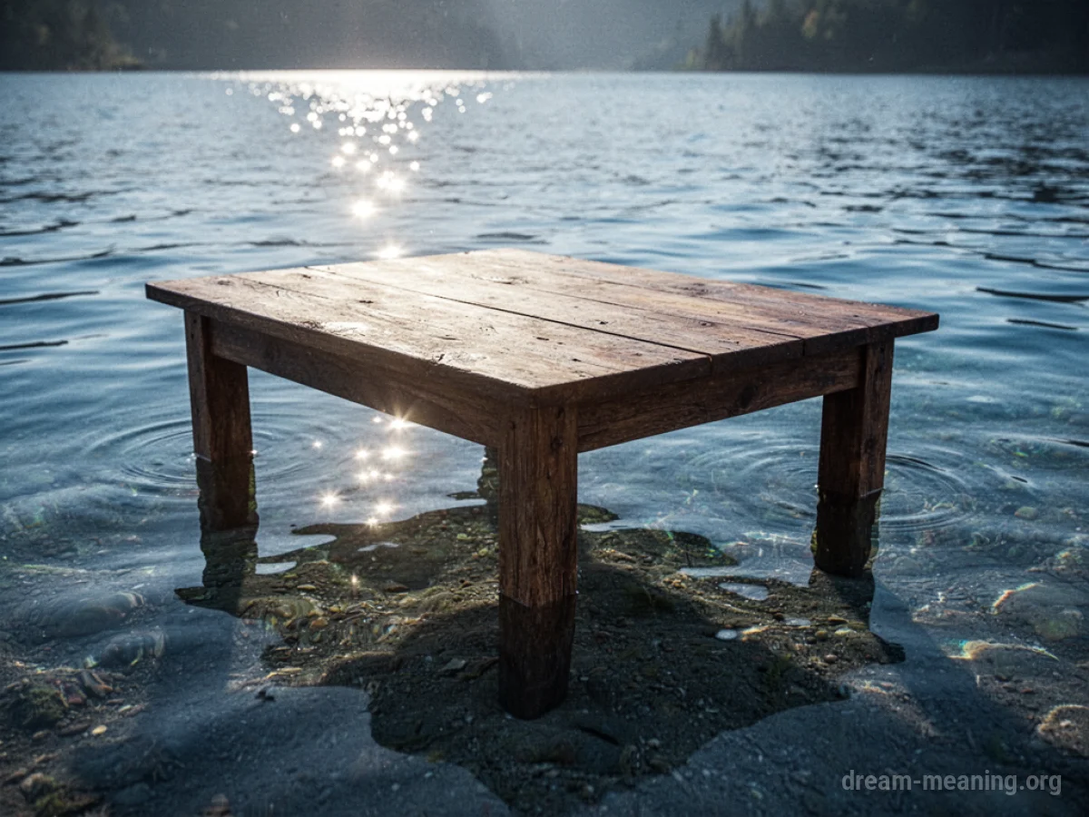 A wooden table half underwater in clear blue water.
