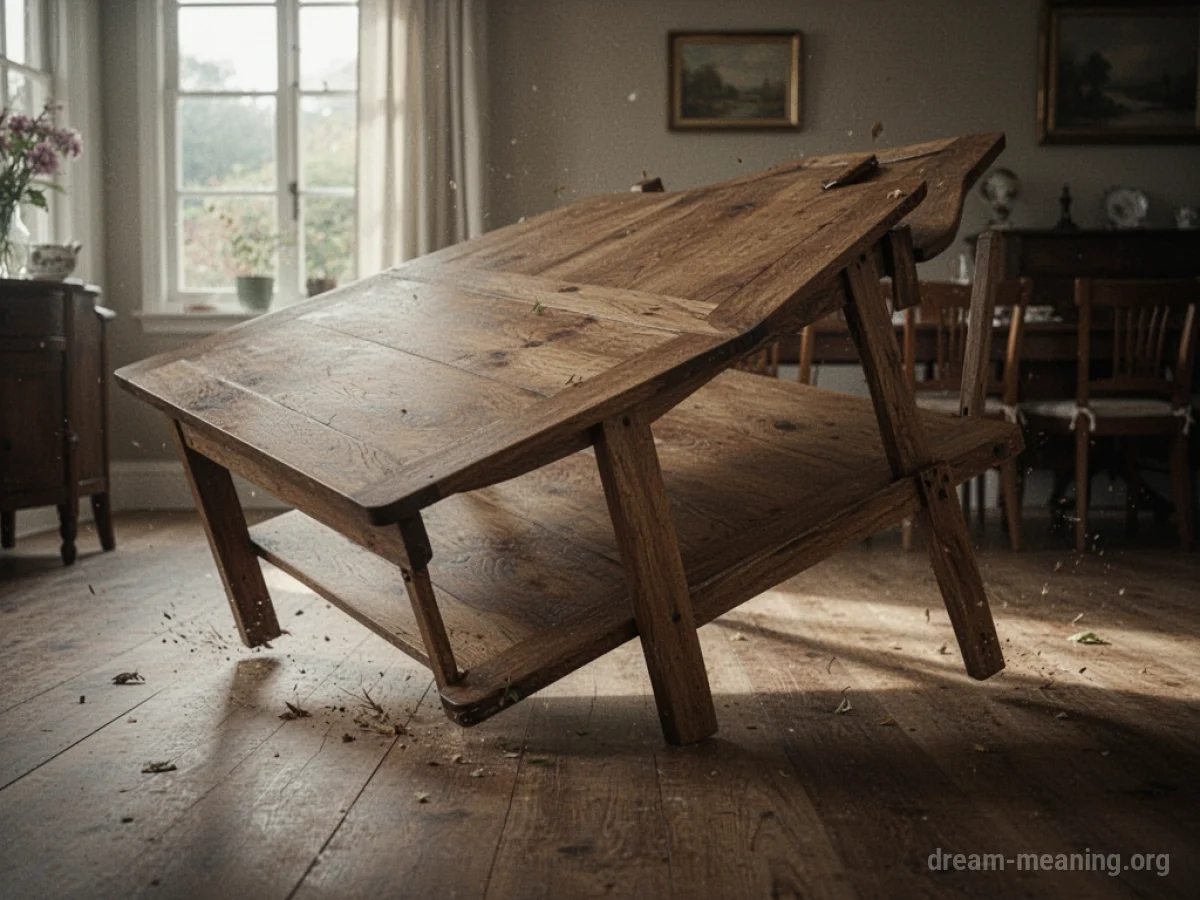 A wooden table sliding across a floor.