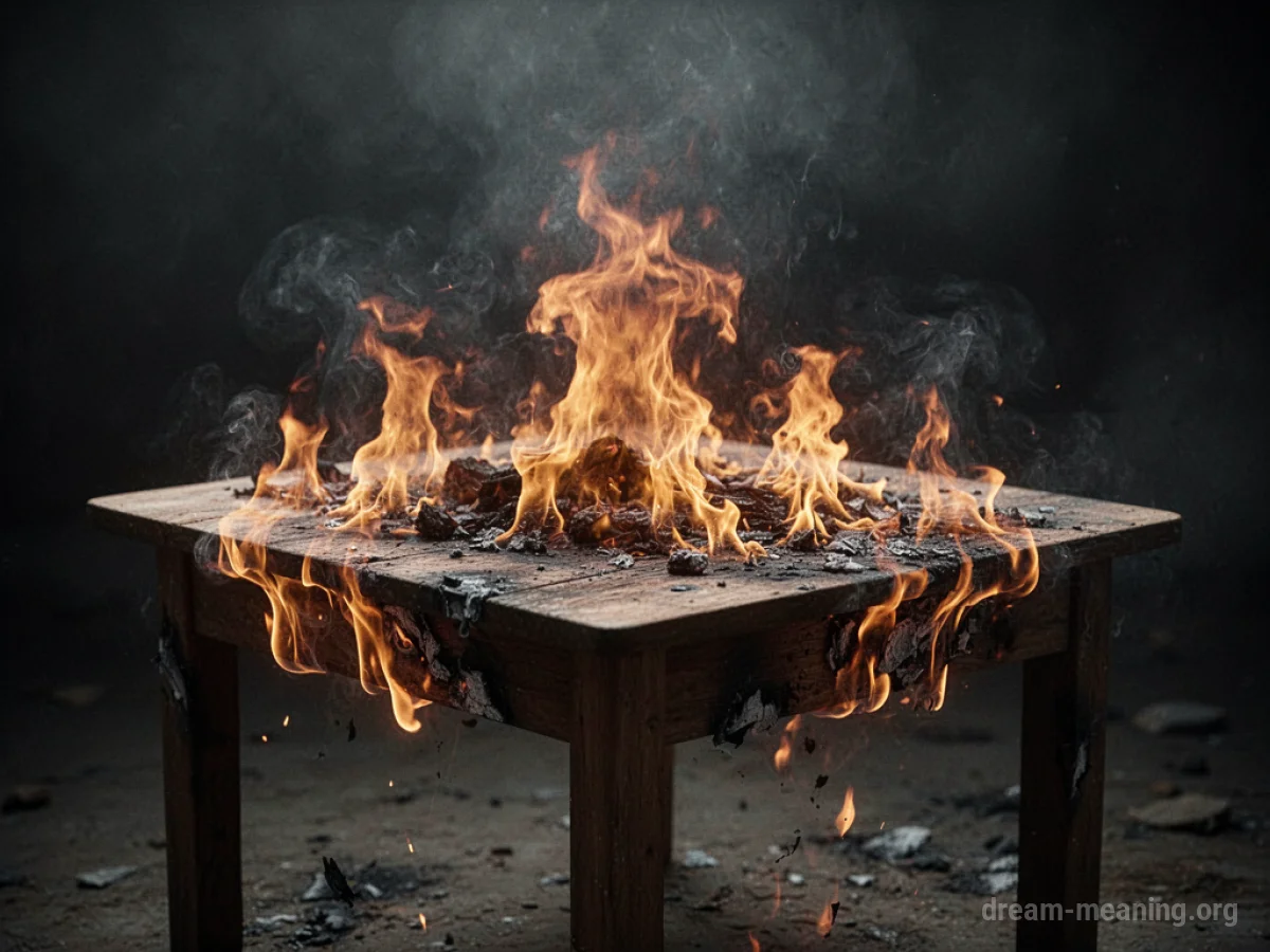 A wooden table engulfed in bright orange flames.