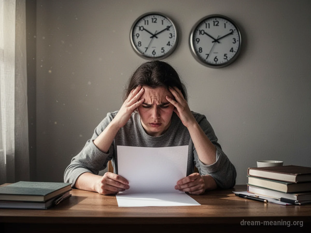 A person sitting at a desk with a blank paper, looking stressed, with a clock on the wall.