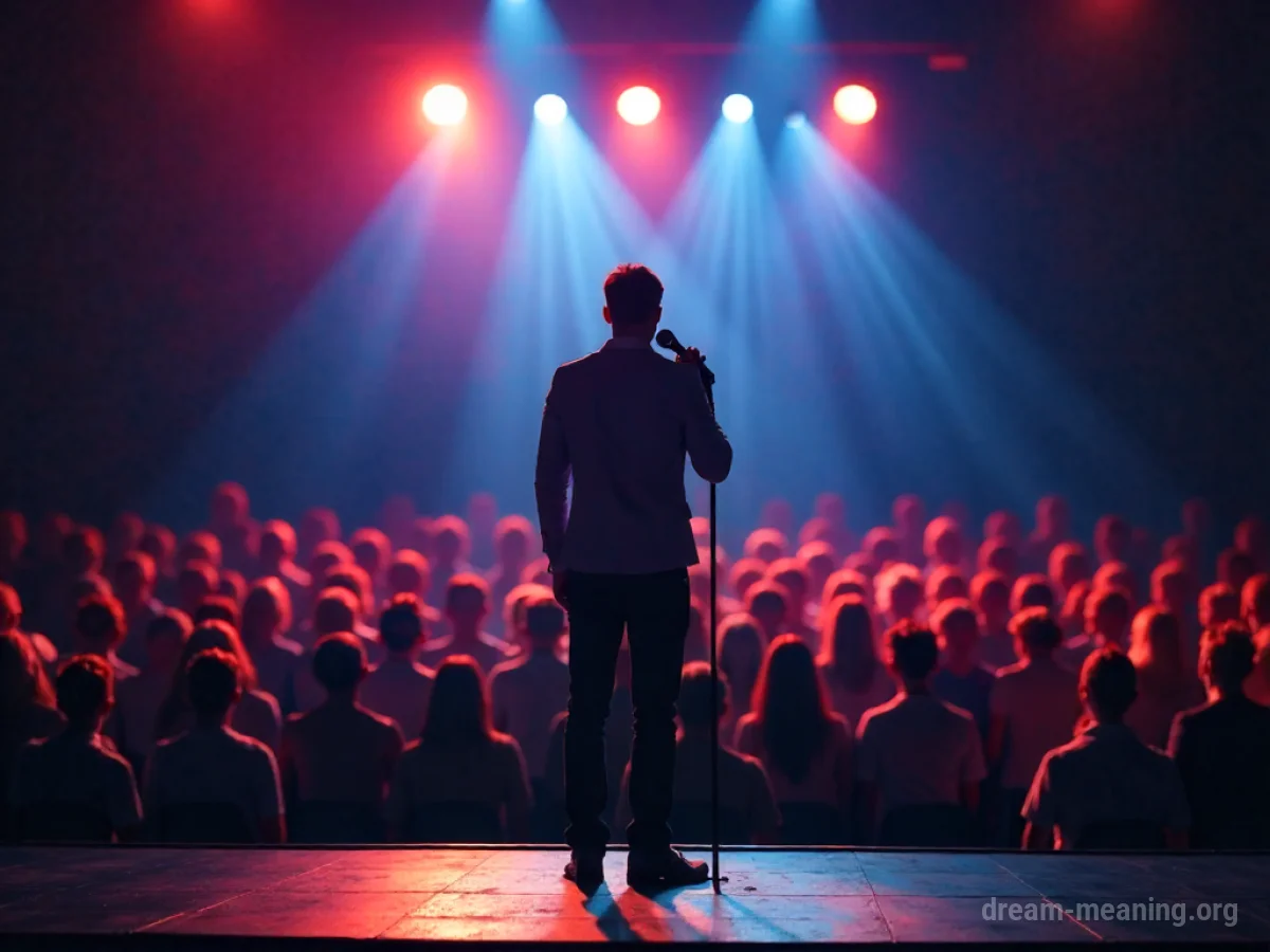 A person speaking into a microphone on a stage with an audience.