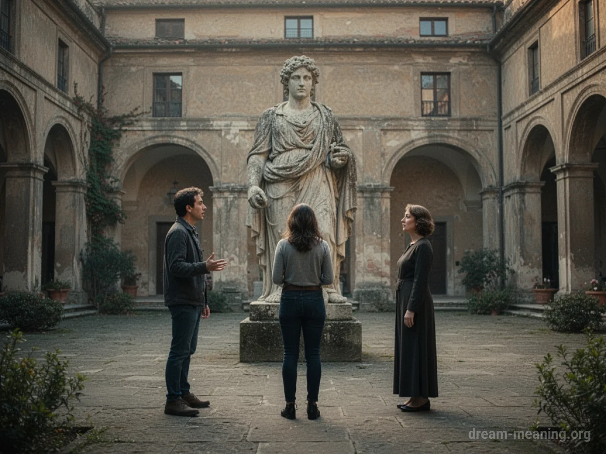 A person conversing with a stone statue.