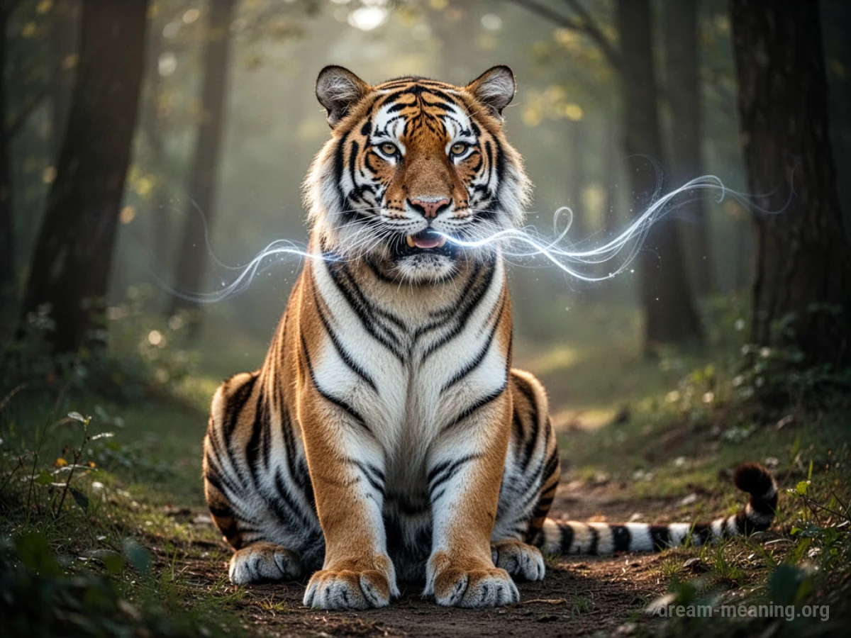 A tiger with its mouth open, surrounded by faint, glowing lines.