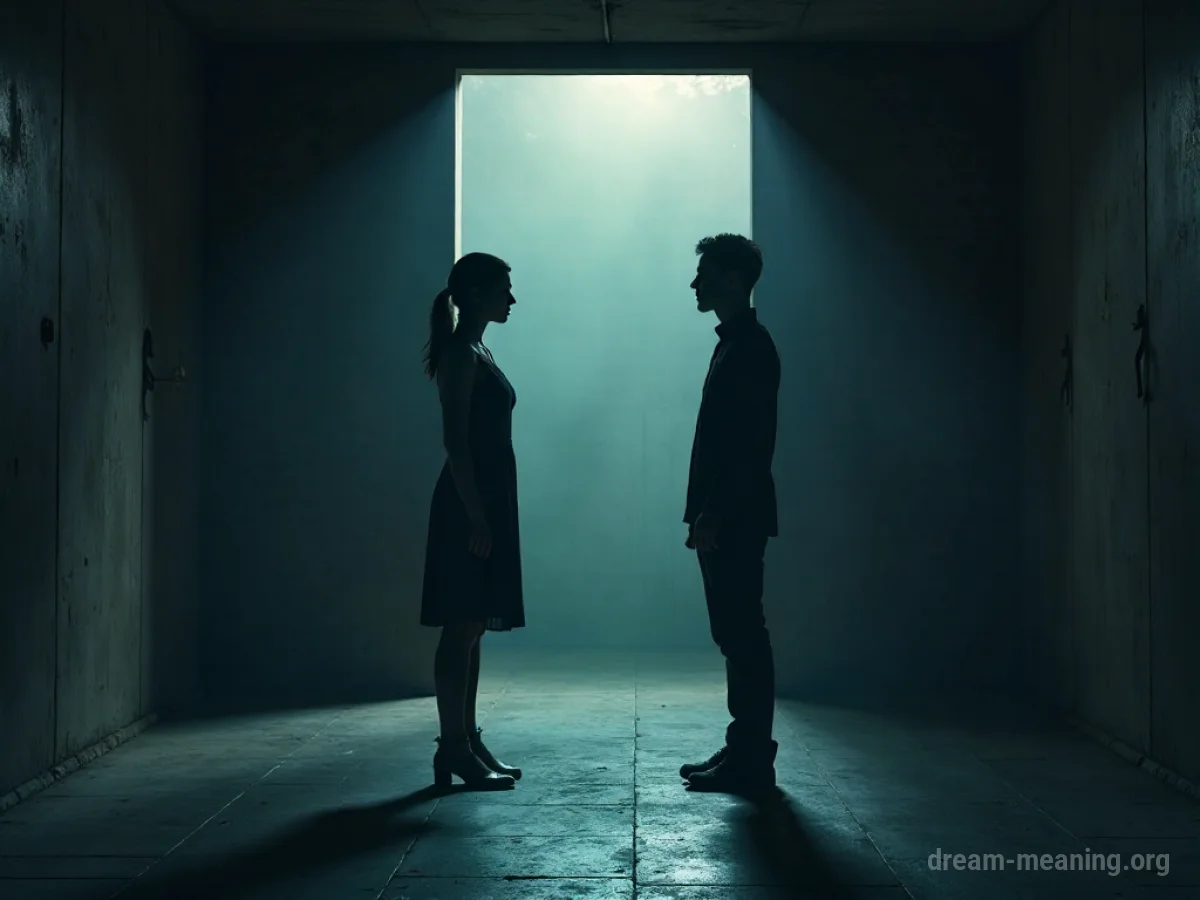 Two silhouetted figures facing each other in an empty room.