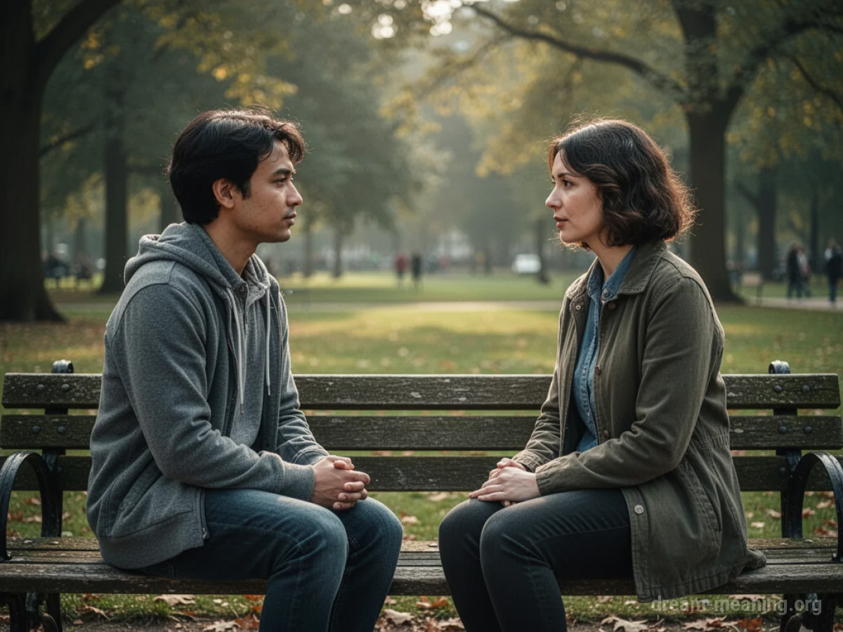 Two people sitting on a park bench, facing each other.