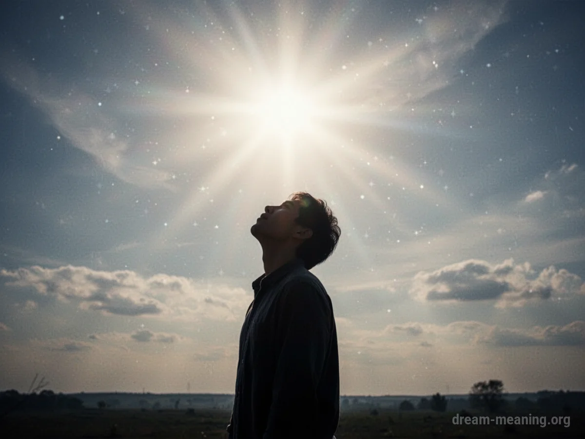 Silhouette of a person looking up at a bright light in the sky.