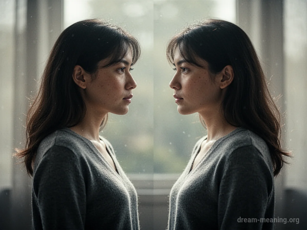 Two identical figures facing each other, with one figure partially see-through.