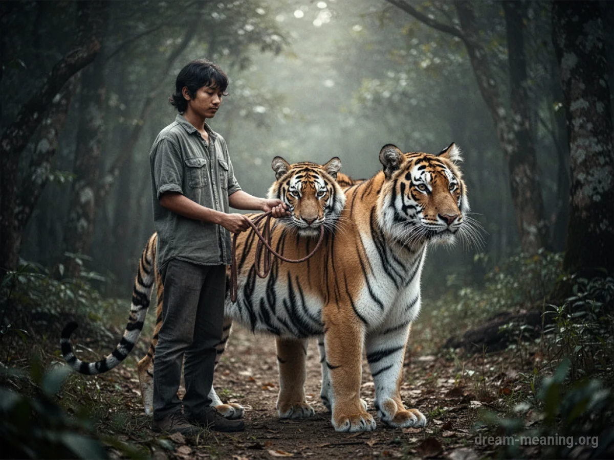 A person gently holding a tiger's reins.