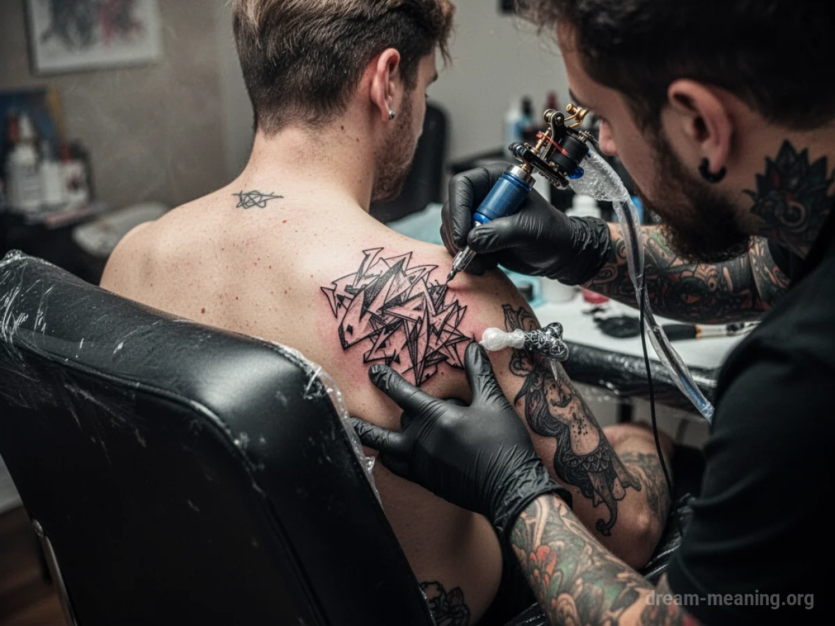 A tattoo artist's hands working on a person's back with a tattoo machine.