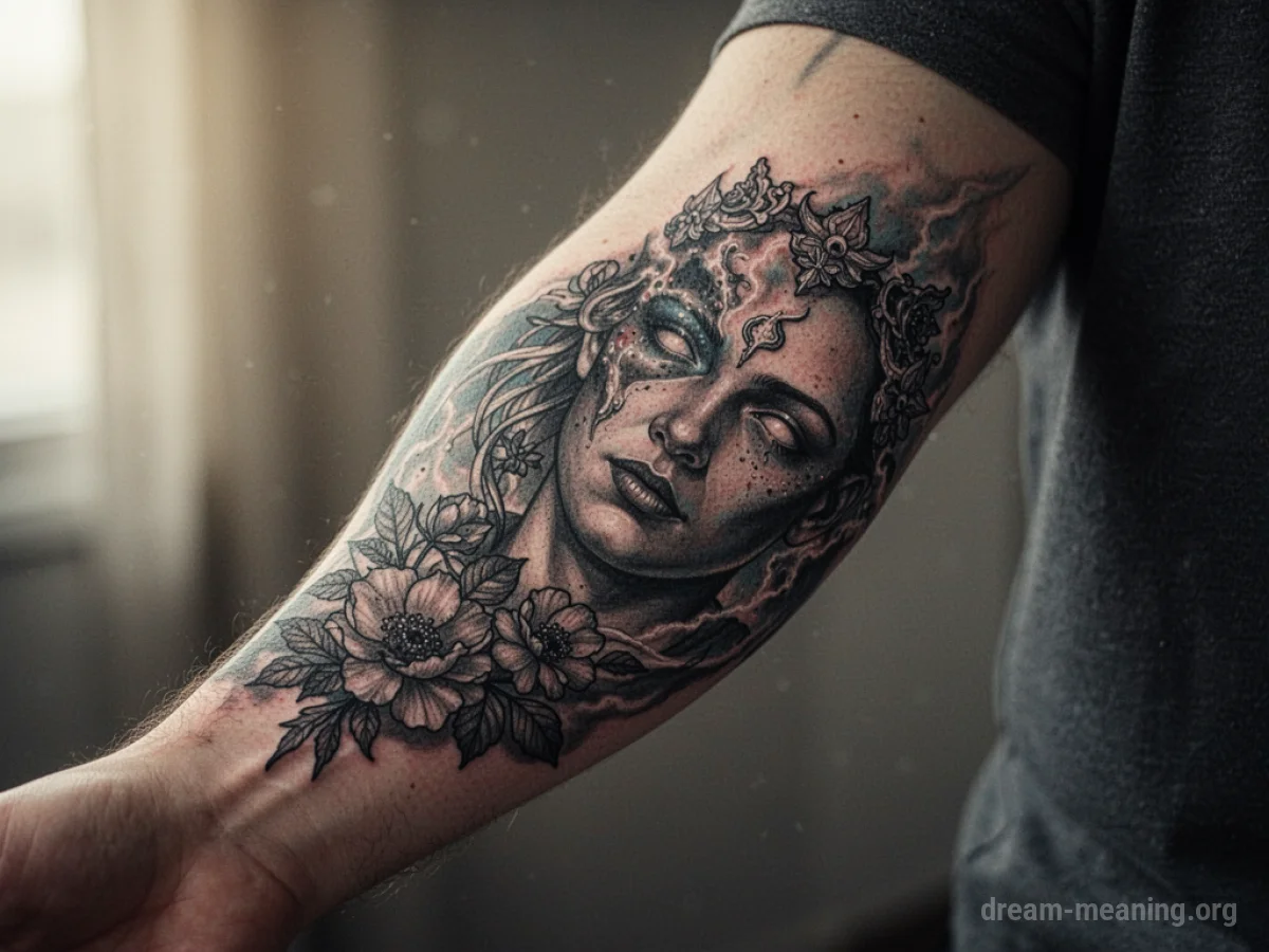 A tattoo design visibly altering its form on a person's skin.