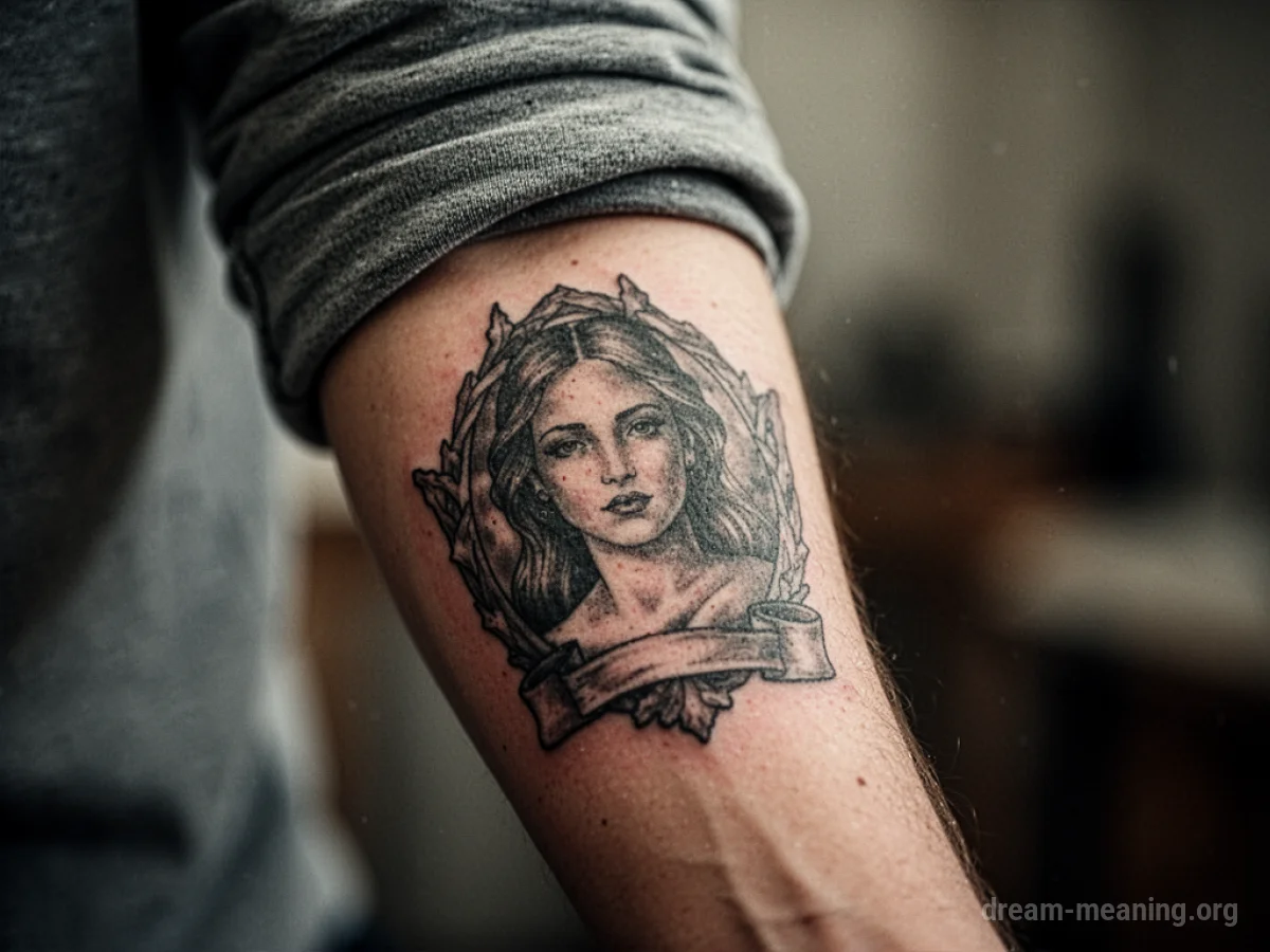 Close-up of a faded tattoo on a person's arm, with the edges blurred.