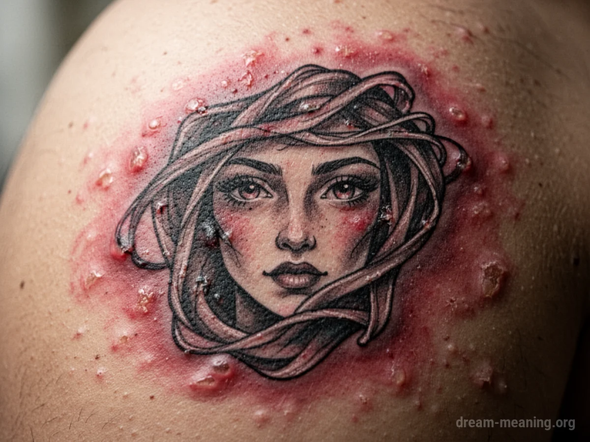 Close-up of an inflamed tattoo on skin.