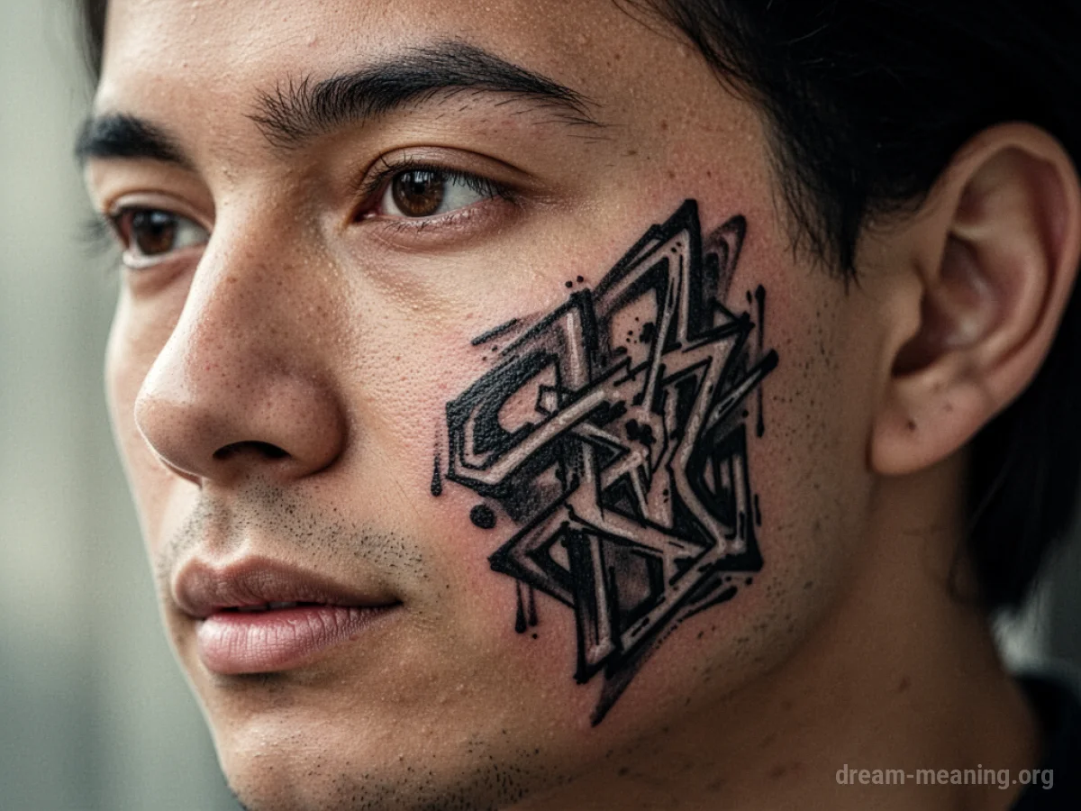 Close-up of a human face with a visible tattoo design on the cheek.