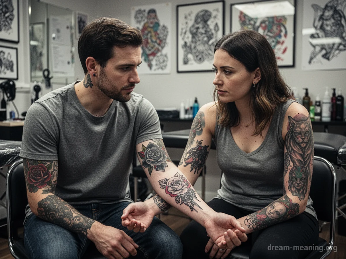 Two individuals in a tattoo parlor, one displaying a newly inked design on their arm to their companion.