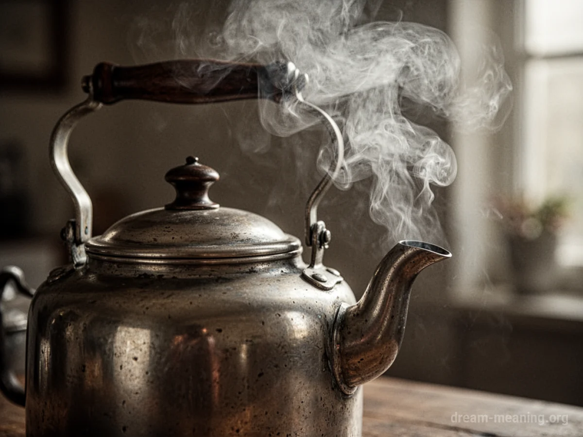Steam rising from a metal tea kettle on a stove.