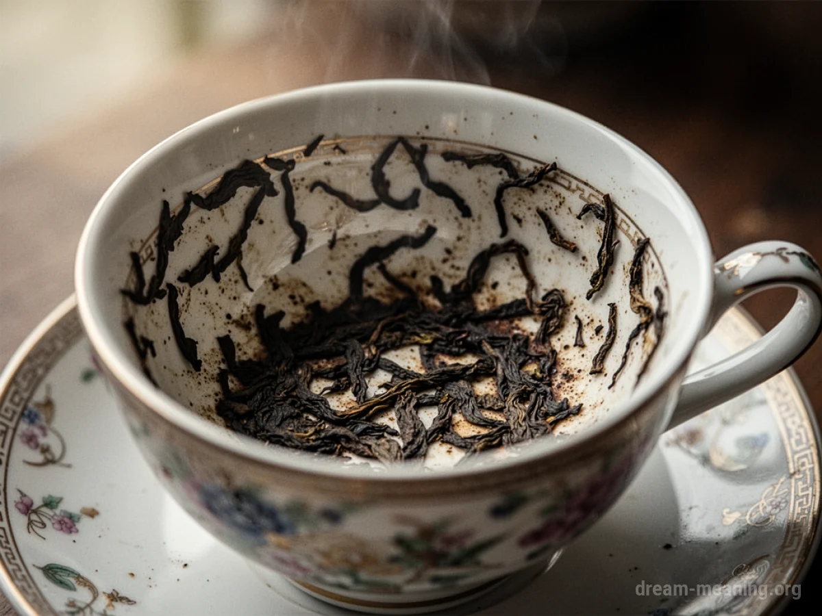 Pattern of tea leaves settled at the bottom of a teacup.