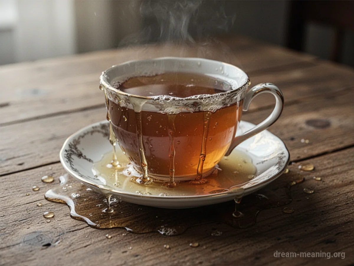 A teacup with tea spilling over its rim onto a table.