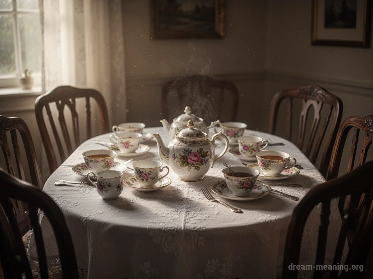 A table set for a tea party with empty chairs.