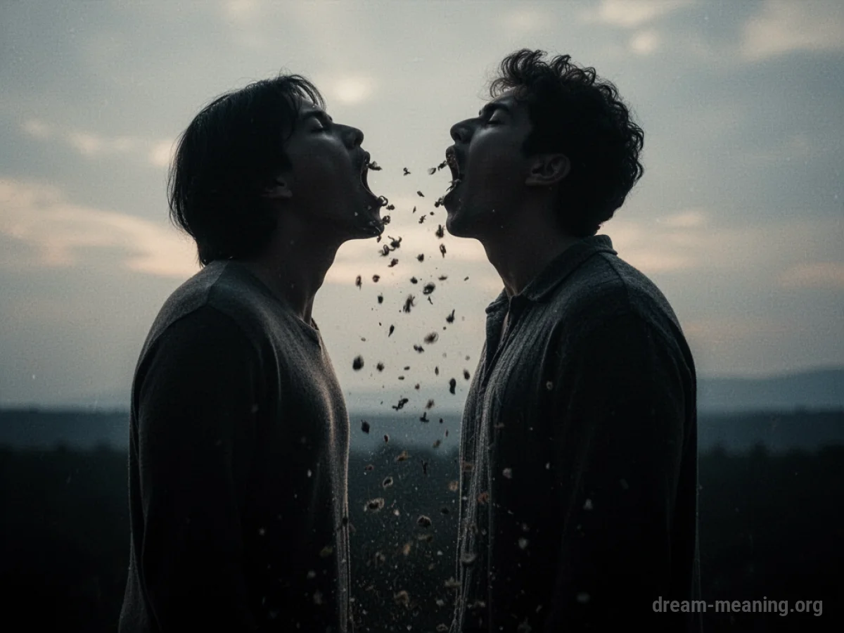 Silhouette of a person with many small shapes falling from their open mouth.