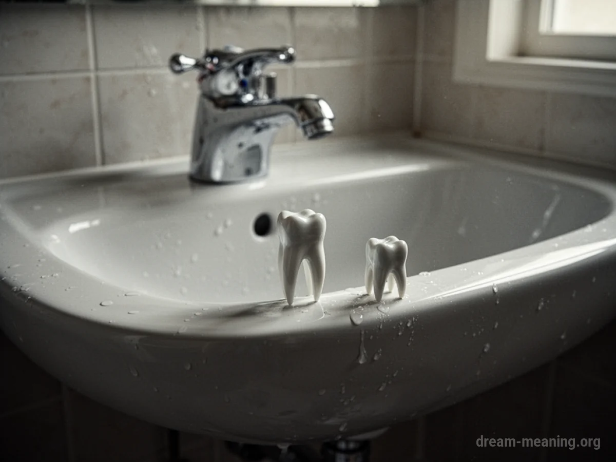 A single tooth resting on the edge of a bathroom sink.