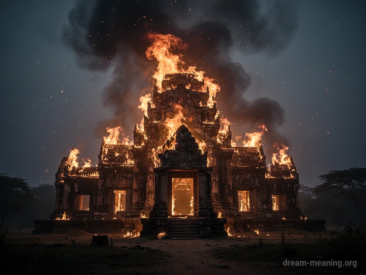 Silhouette of a burning temple against a dark, smoky sky.