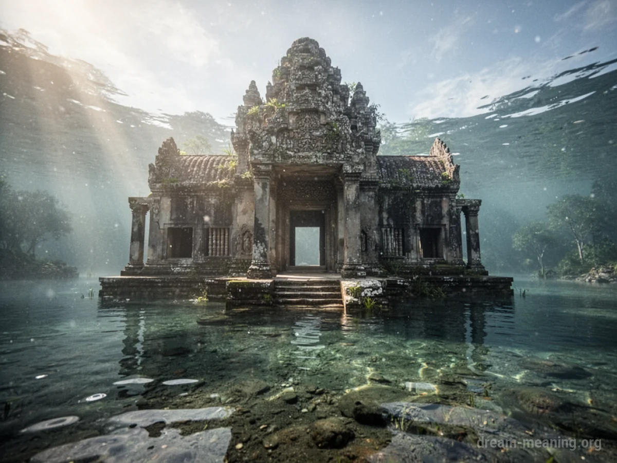 An ancient stone temple partially submerged in water.