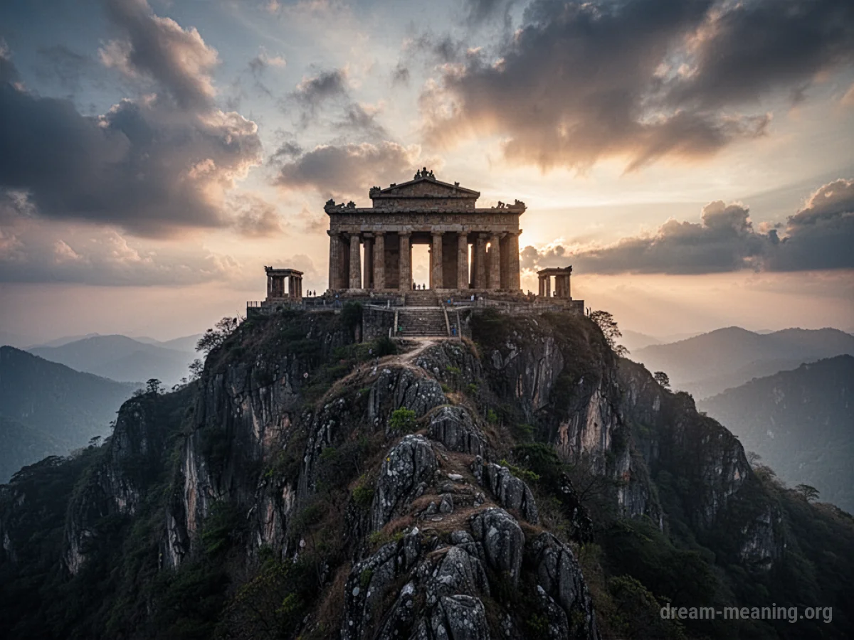 An ancient temple building situated on the summit of a tall, rocky mountain.