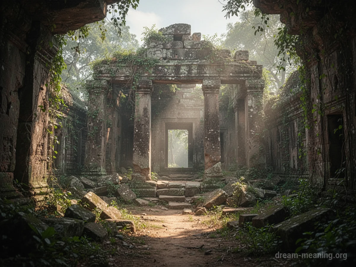 Crumbling stone walls of an ancient temple covered in vines, with sunlight filtering through gaps.