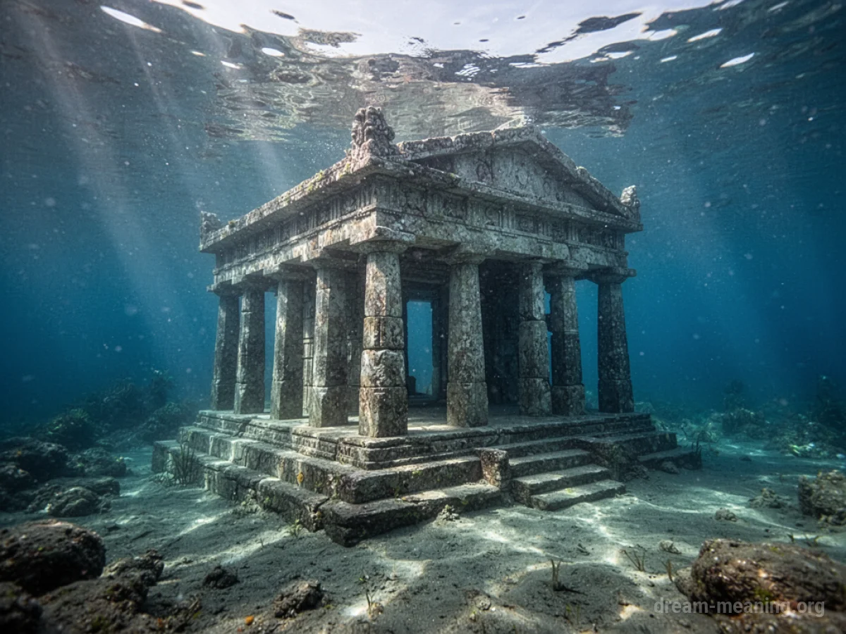 A stone temple structure partially visible beneath the surface of clear water.
