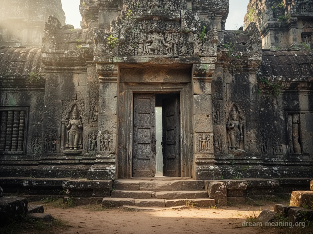 An ancient stone temple with a partially open door.
