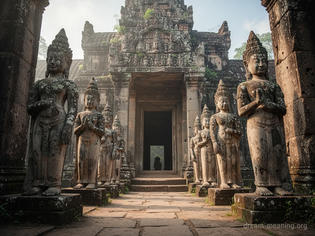A stone temple entrance flanked by large, old statues.