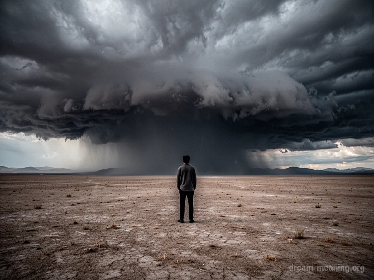 A silhouette of a person standing in a desolate landscape under dark, stormy clouds.
