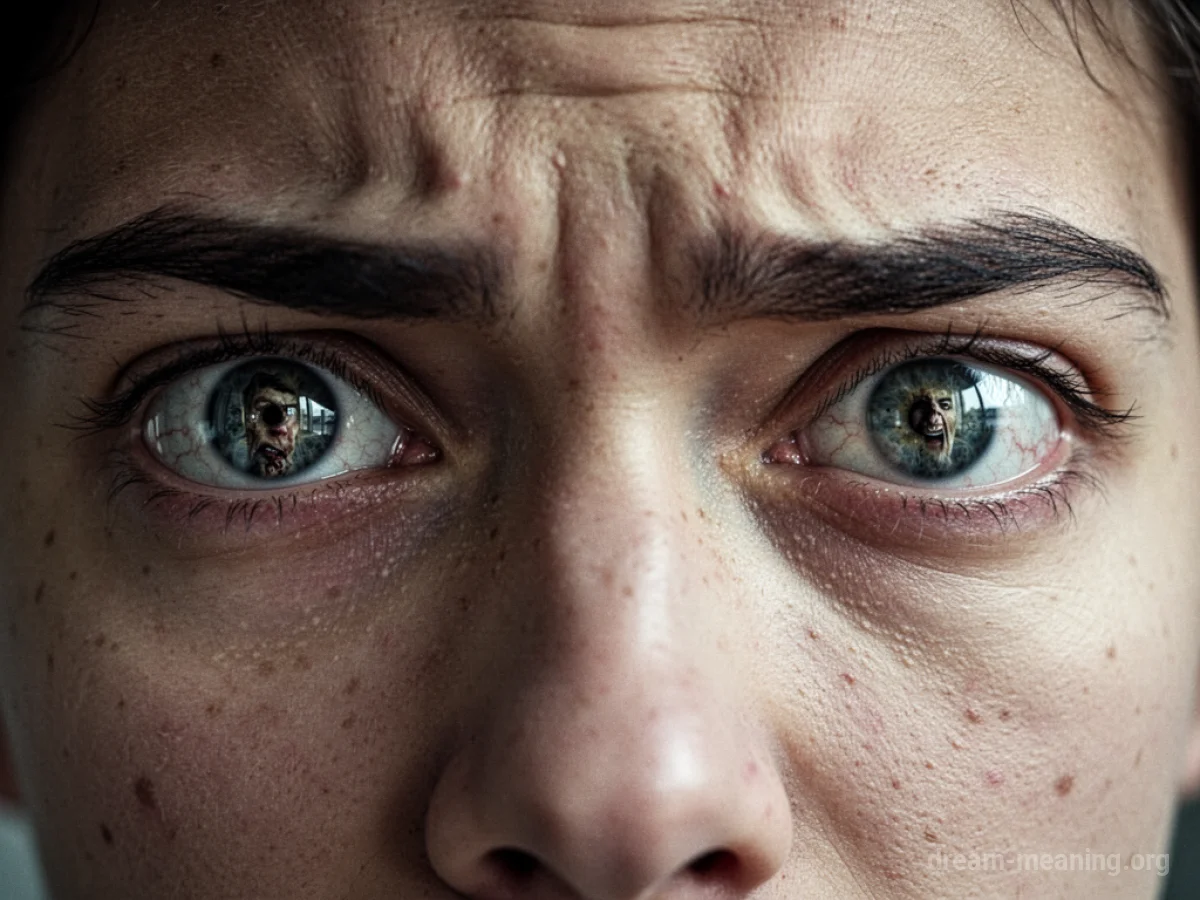 A person's eye reflecting a distant, frightened face.