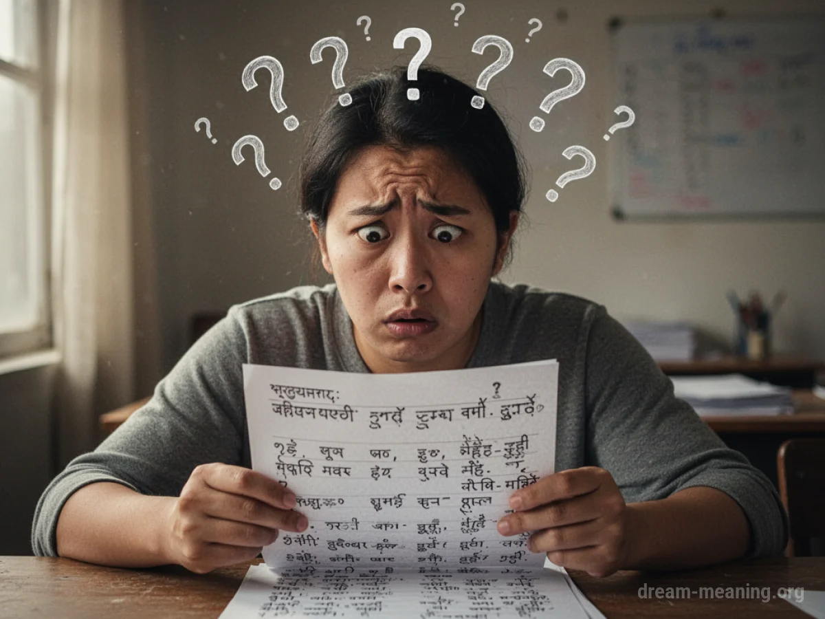 A person looking confused at a test paper written in an unfamiliar script.