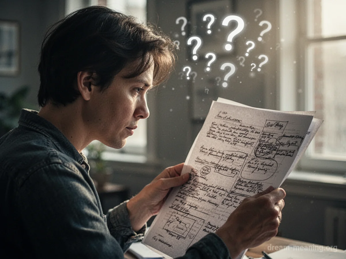 A person stares at a paper with illegible writing and floating question marks.