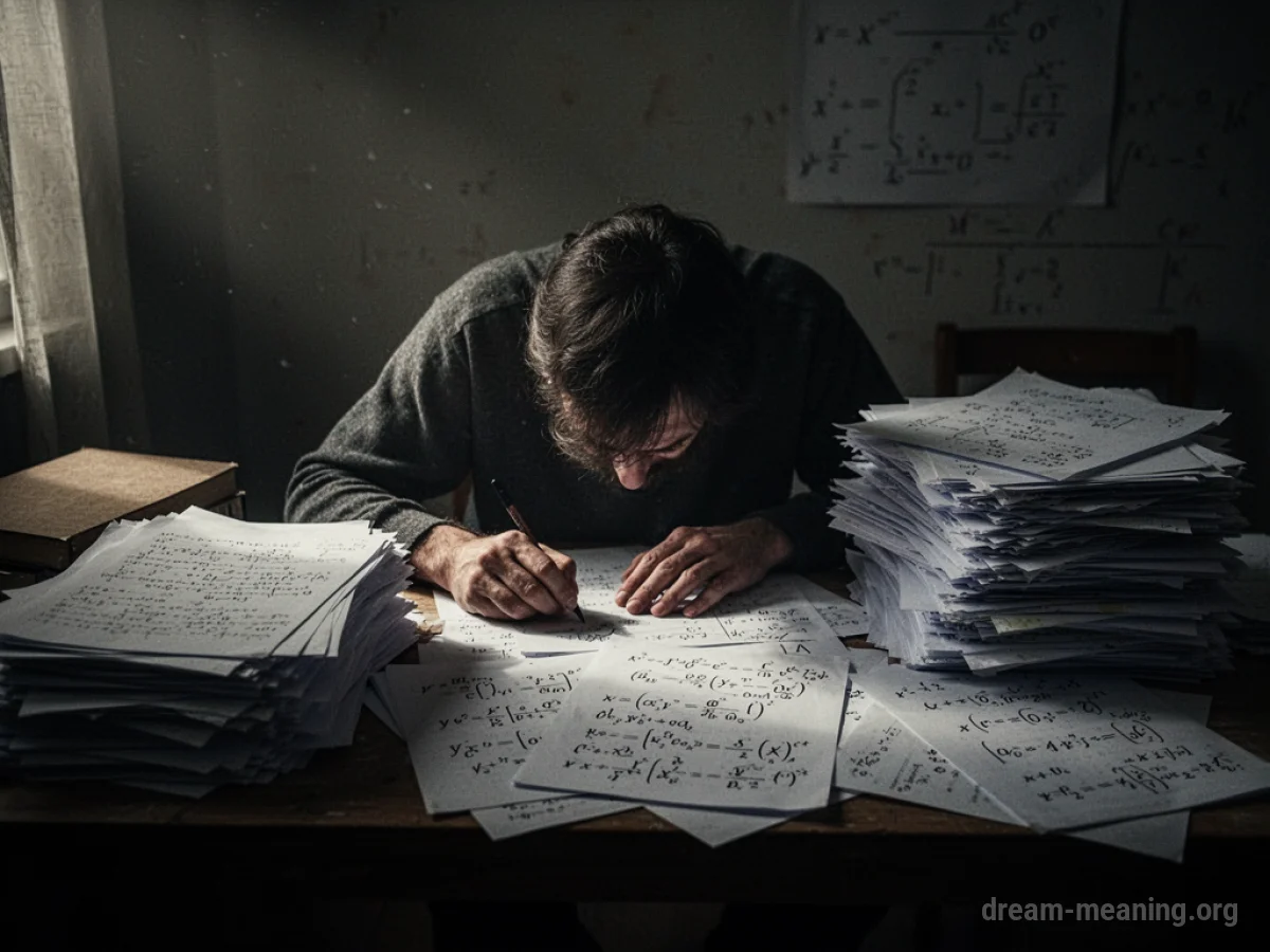 A person sitting at a desk with many papers and equations, appearing overwhelmed.