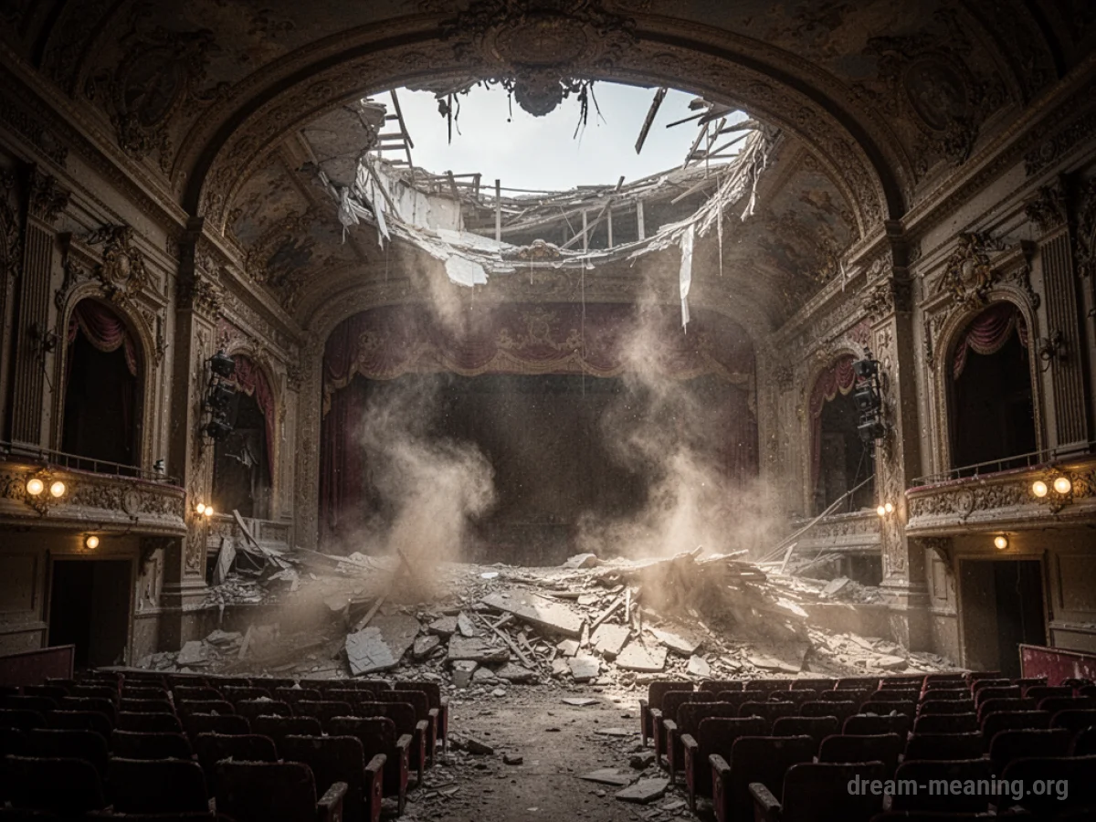 A crumbling theater interior with beams and ceiling fragments falling.