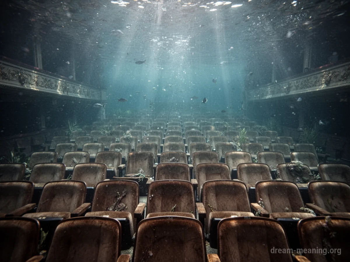 An indoor theater where the stage and seating area are completely filled with clear water.