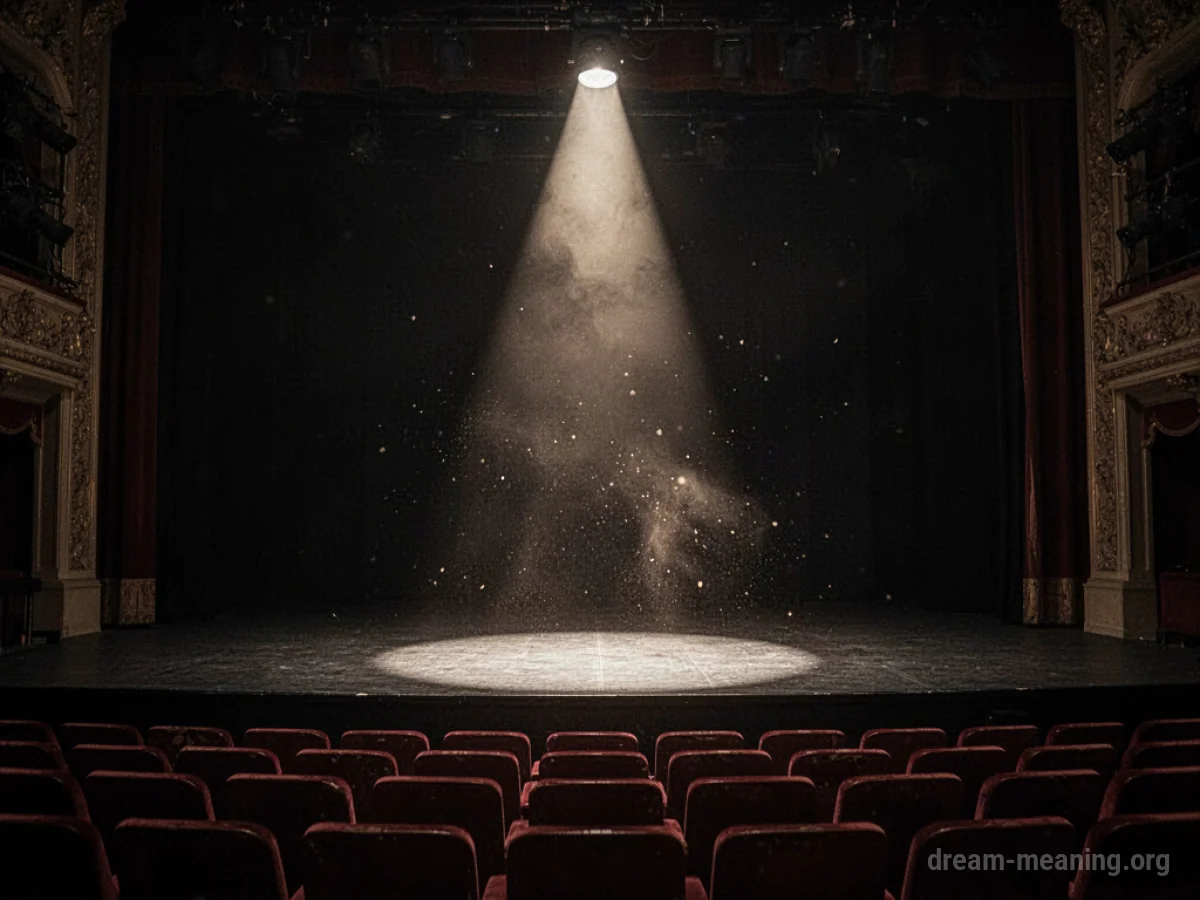 An empty theater stage shrouded in darkness with a single shaft of light.