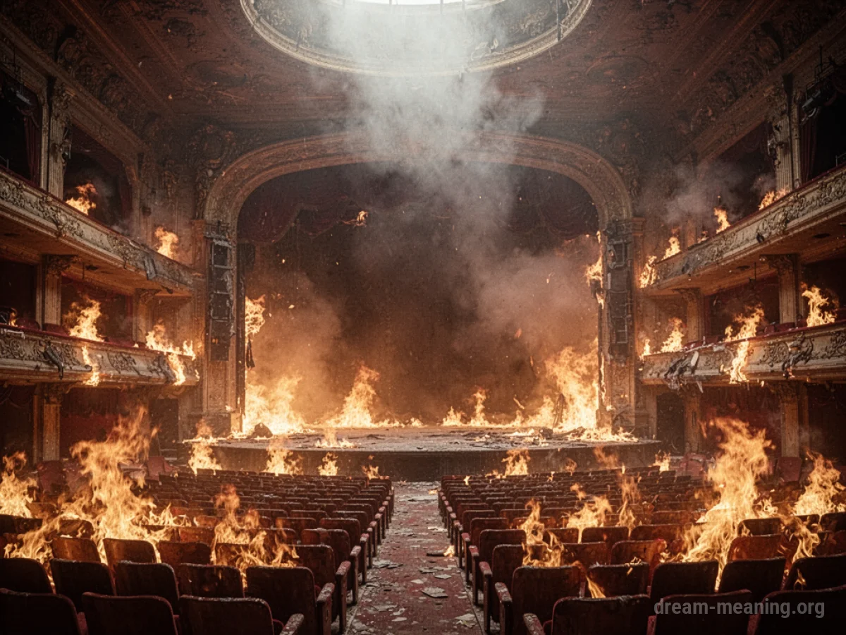An interior view of a large theater engulfed in flames.