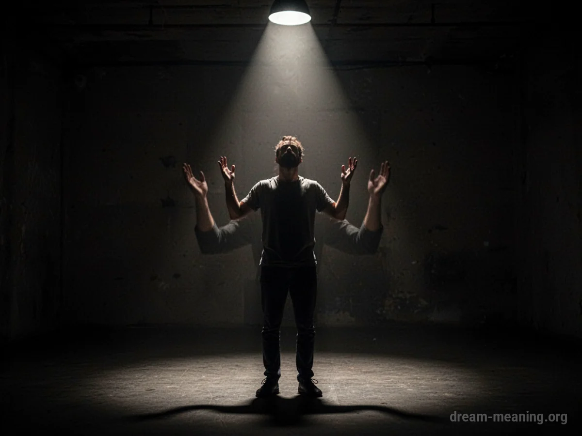 Silhouette of a person with hands raised under a spotlight.