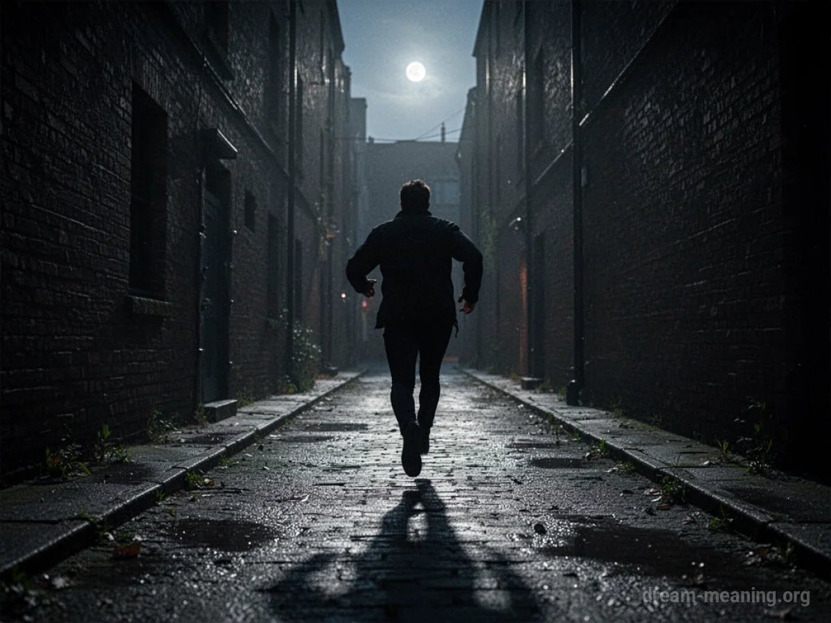 Silhouette of a person running away down a dark alley.